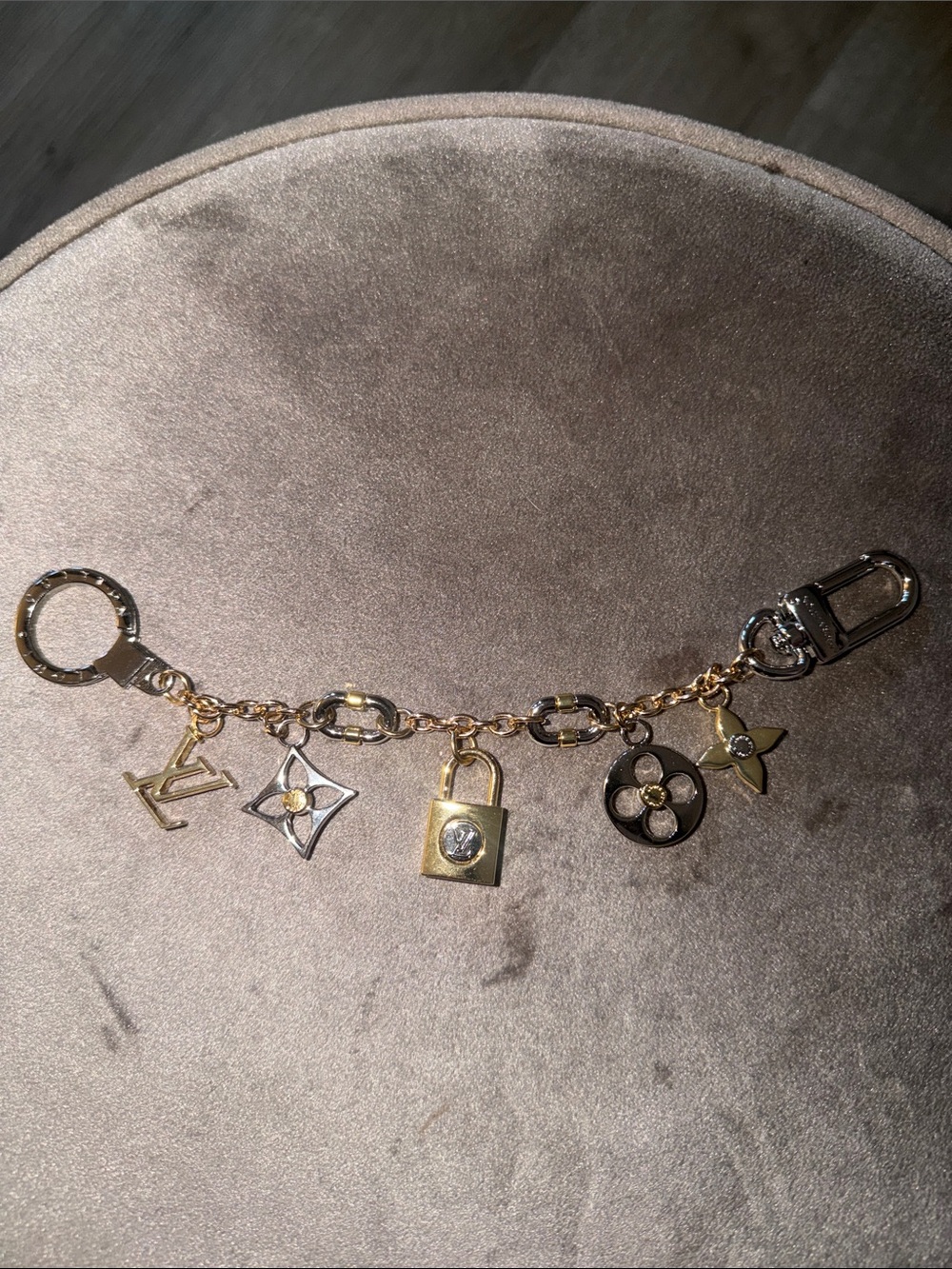 Louis Vuitton Gold Silver Keychain Bag Charm Padlock Bracelet